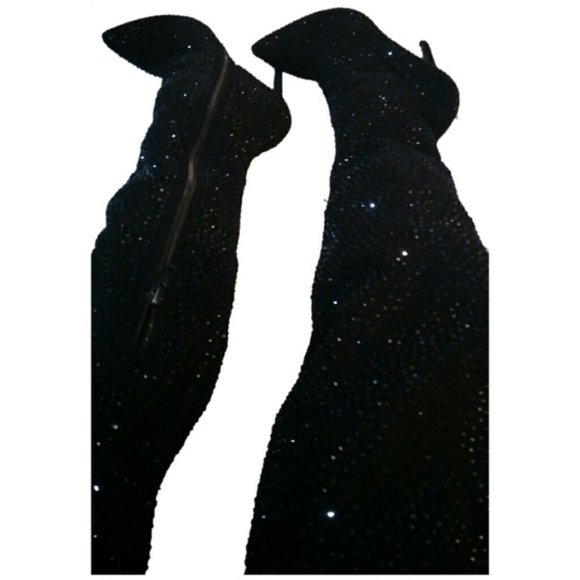 C - BELLA LUNA 7.5 BLACK RHINESTONE SPARKLY BOOTS OTK holiday party womens - Picture 6 of 11